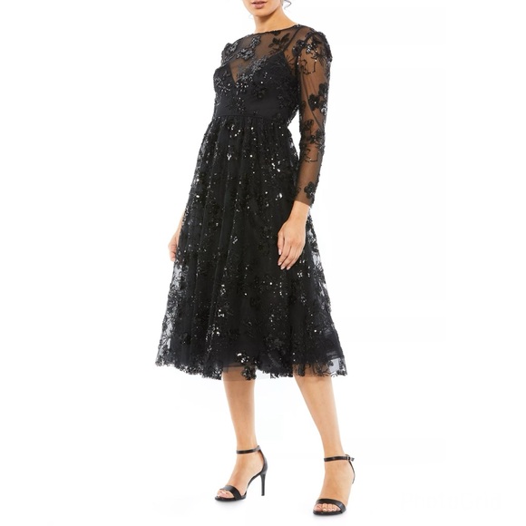 Mac Duggal Black Illusions Embroidered Beaded Sequined Midi Dress Size 0 BNWT - Picture 2 of 16